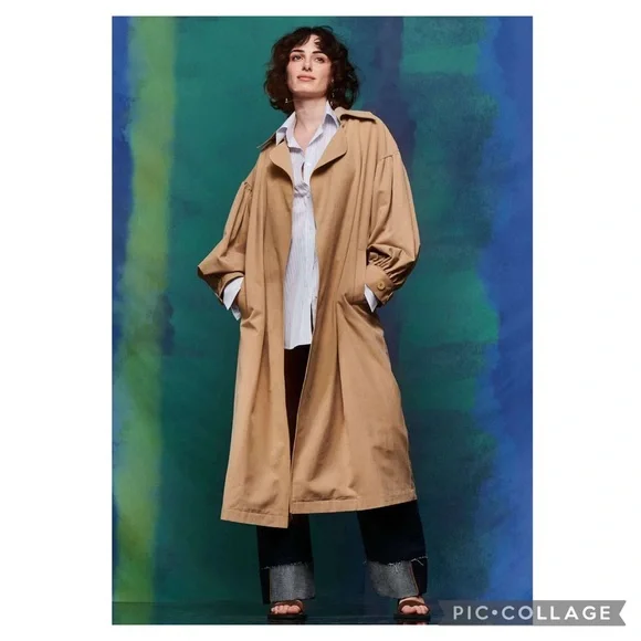 The Hidden Bee Puff Sleeve Cotton Tan Maxi Open Trench Coat Size M - Picture 12 of 13